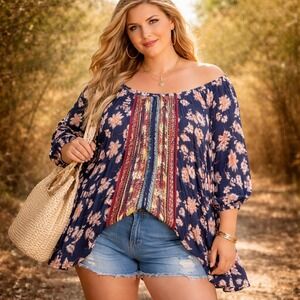 Angie Top Womens 2X Blue Floral Asymmetrical Hem Boho Cottage Peasant Festival